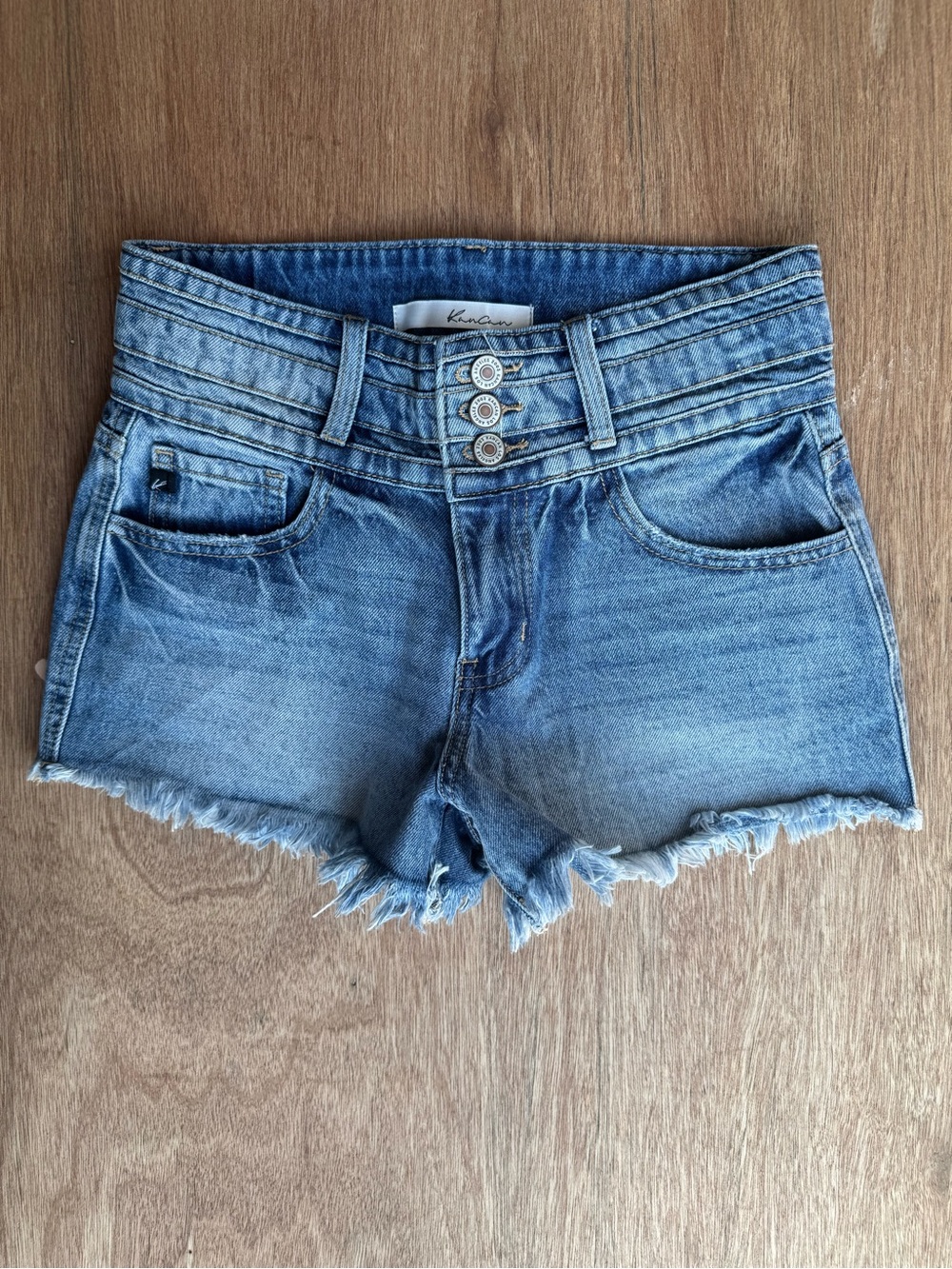 KanCan Denim High-Waist Frayed Hem Shorts - Light Blue